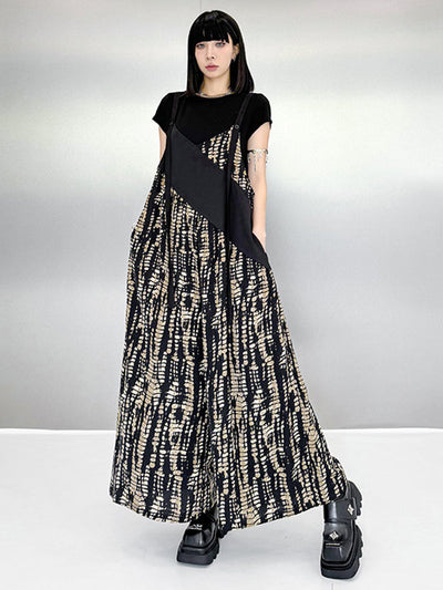 Loose Sleeveless Asymmetric Contrast Color Printed Split-Joint Spaghetti-Neck Overalls