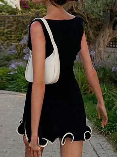 High Waisted Sleeveless Ruffle Trim Solid Color Round-Neck Mini Dresses