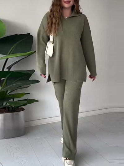 Loose Long Sleeves Solid Color Split-Side Lapel Sweater Top + Pants Two Pieces Set