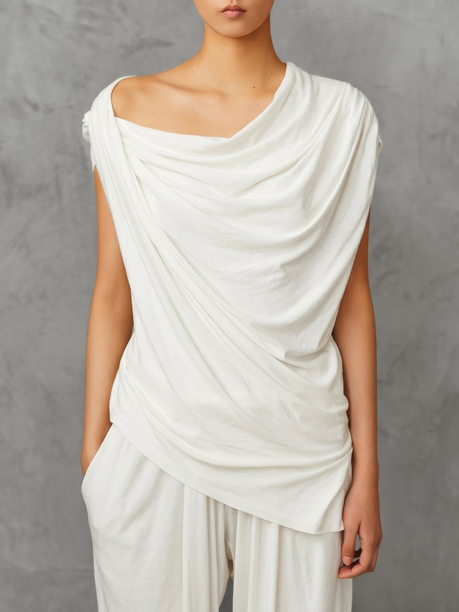 Loose Sleeveless Asymmetric Pleated Solid Color One-Shoulder Blouses&Shirts Tops