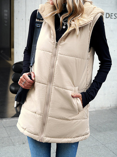 Loose Sleeveless Pockets Quilted Reversible Zipper Hooded Padded Vest Vest Outerwear