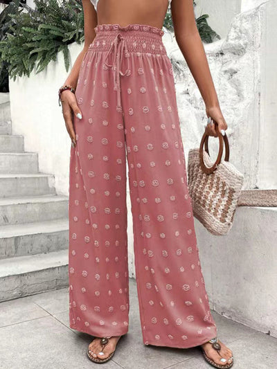 High Waisted Loose Drawstring Elasticity Jacquard Solid Color Pants Trousers