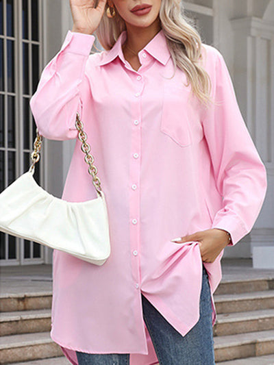 High-Low Irregular Clipping Solid Color Split-Joint Lapel Blouses