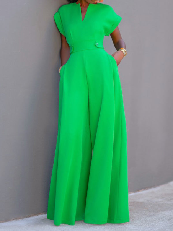 Cap Sleeve Wide Leg Solid Color Jumpsuits