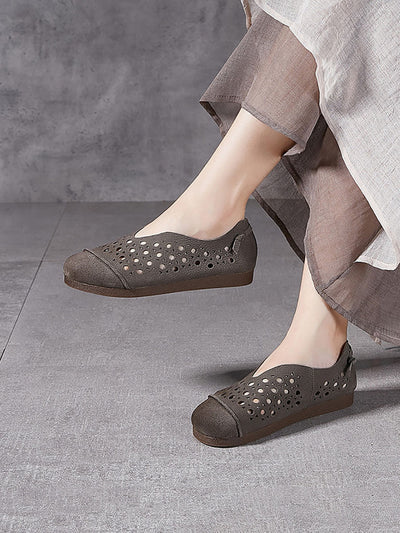 Women Summer Vintage Leather Cowhide Flat Shoes