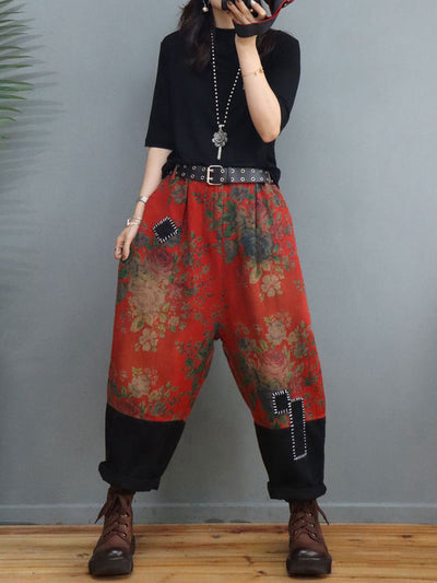 Plus Size Women Ethnic Floral Spliced Stitching Suits
