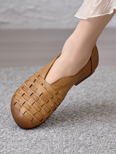 Women Vintage Genuine Leather Weave Low Heel Shoes