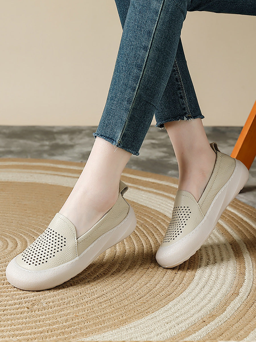 Women Summer Hollow Out Leather Flat Shoes
