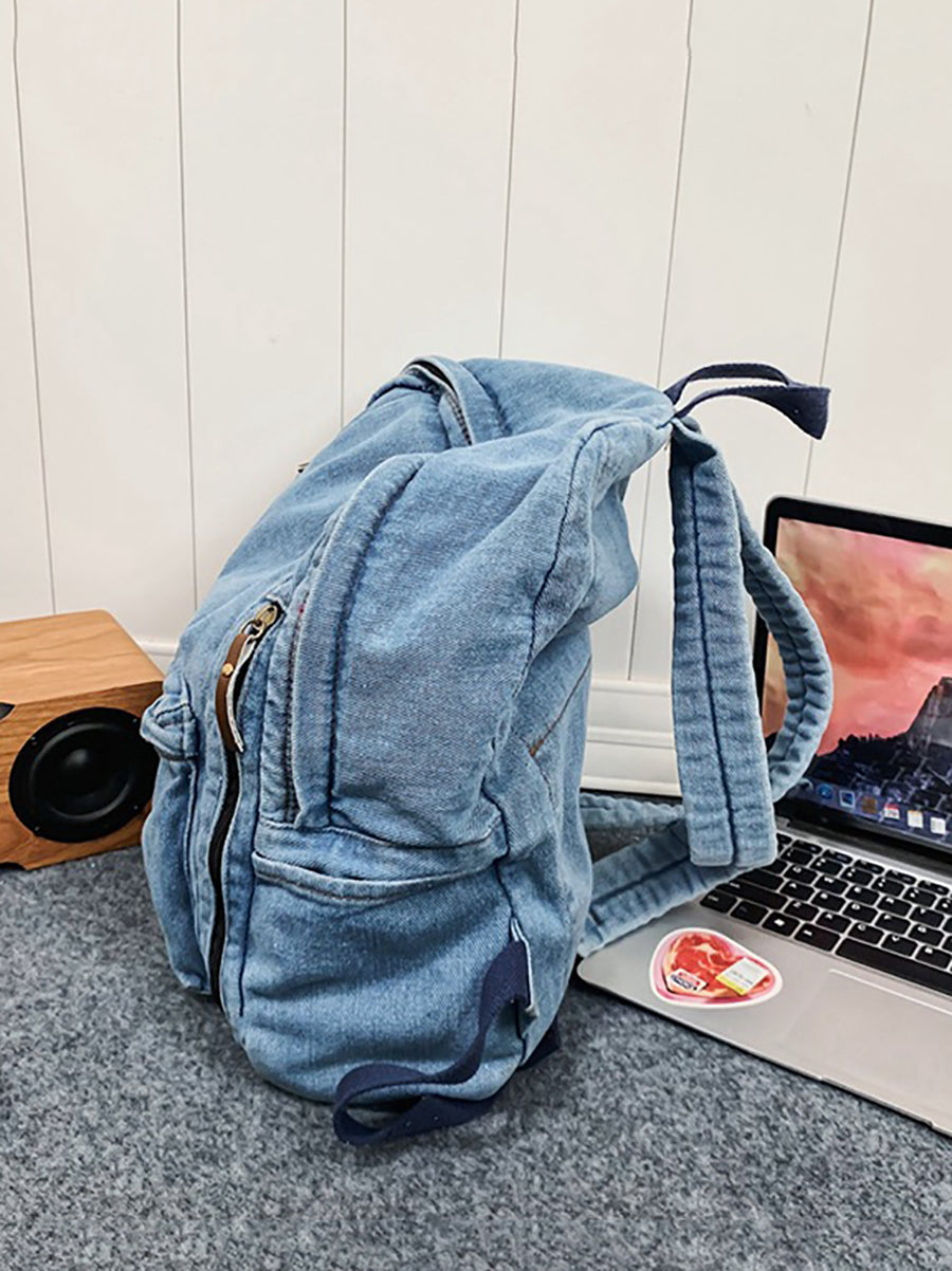 Women Casual Solid Large Capacity School Denim Backpack