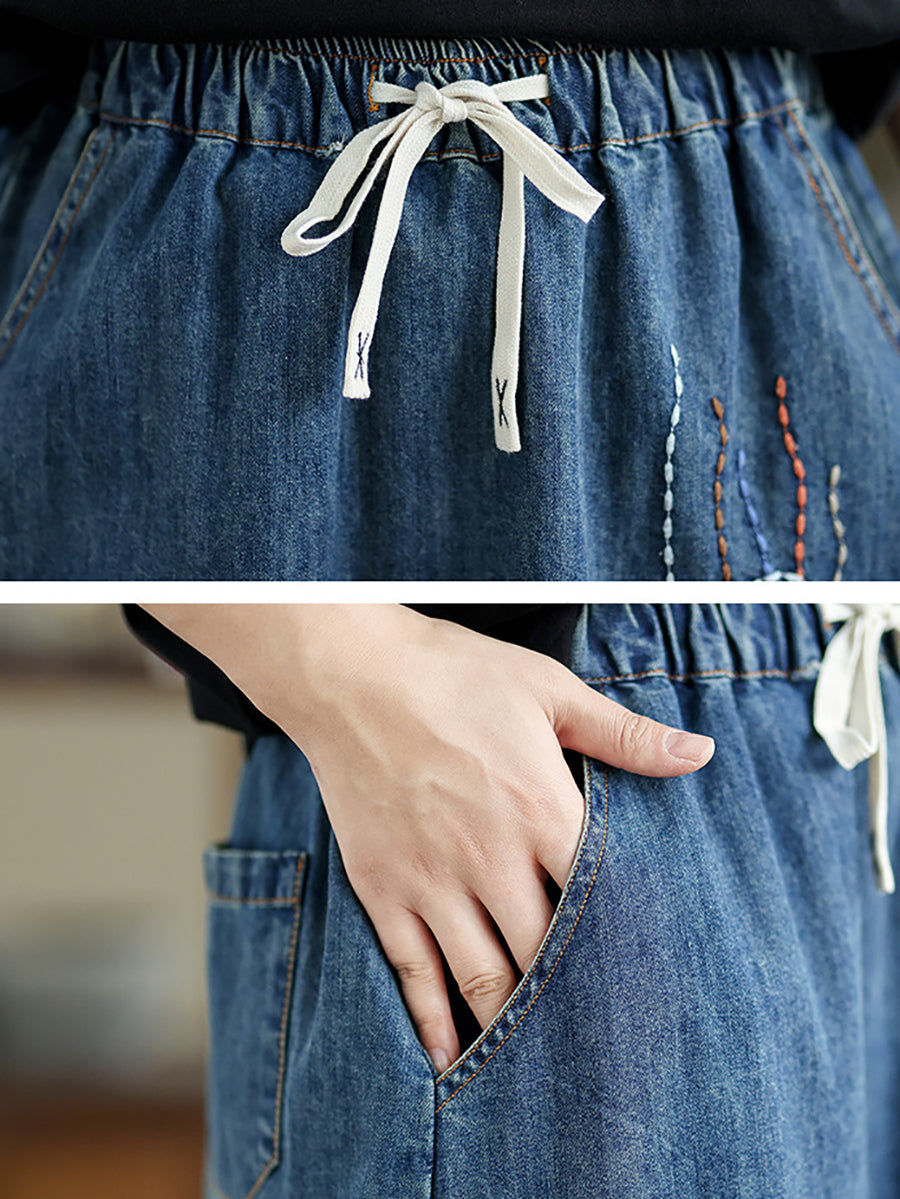 Women Spring Artsy Cat Fish Embroidery Denim Skirt