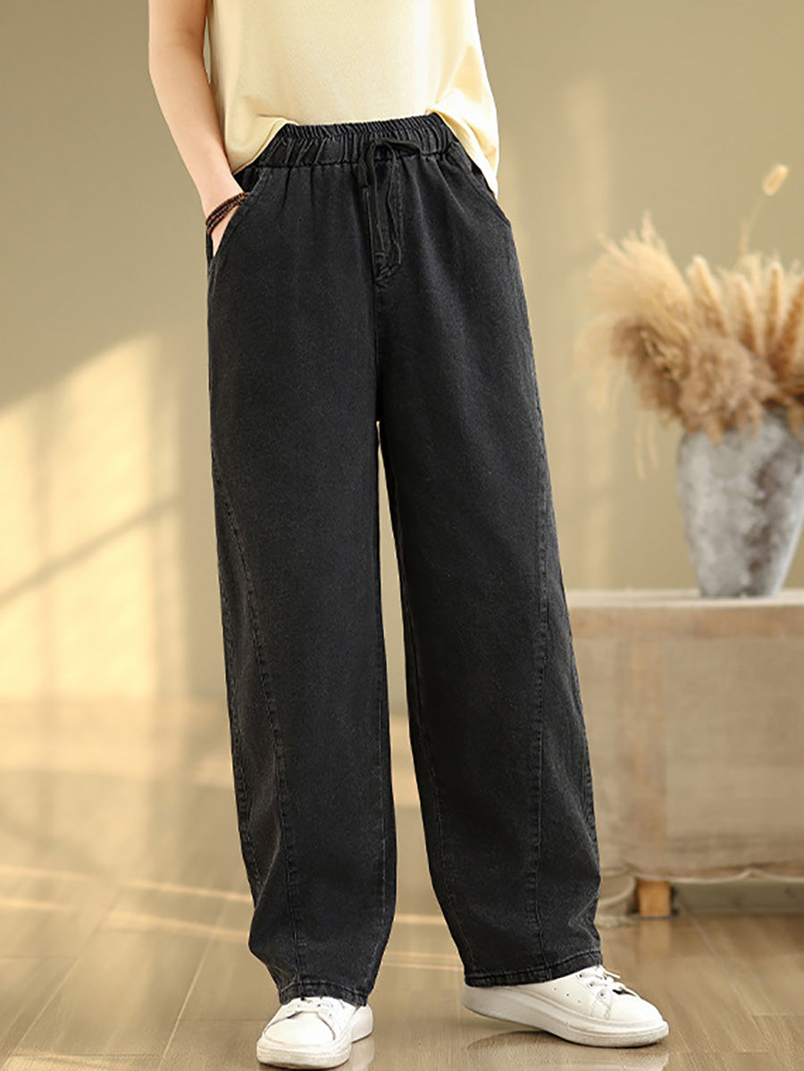 Women Casual Pure Color Denim Spliced Straight Pants