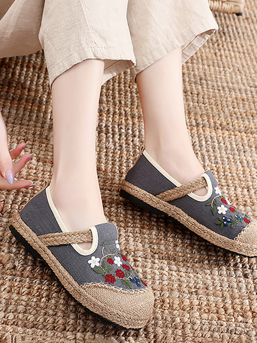 Women Ethnic Flower Embroidery Flat Linen Shoes