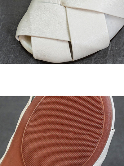 Women Summer Soft Leather Low Heel Weave Slippers