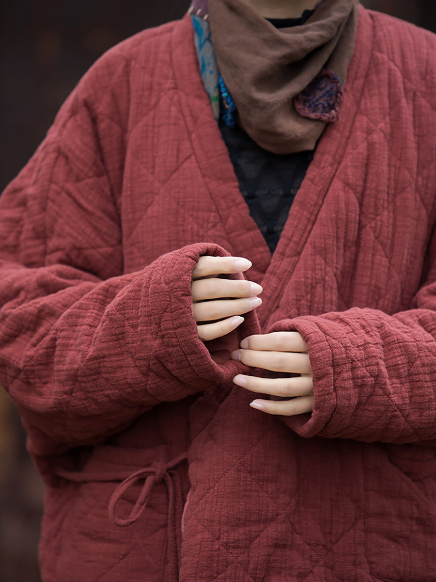 Women Winter Artsy Pure Color V-Neck Padded Coat