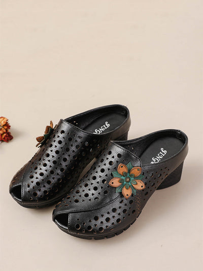 Women Summer Genuine Leather Flower Mid Heel Slippers
