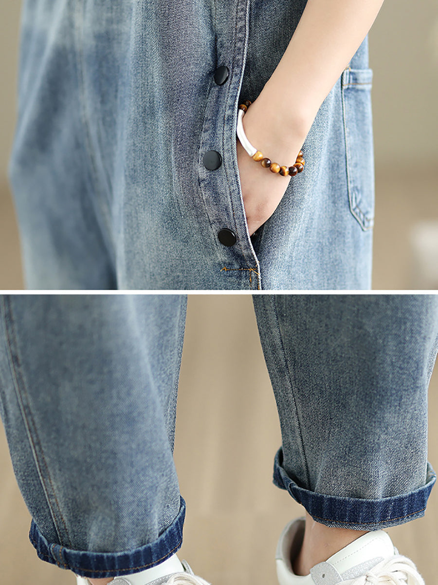 Women Summer Casual Pure Color Denim Loose Jumpsuits