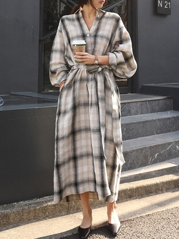 Long Sleeves Loose Plaid Split-Joint Tied Waist Lapel Maxi Dresses Shirt Dress