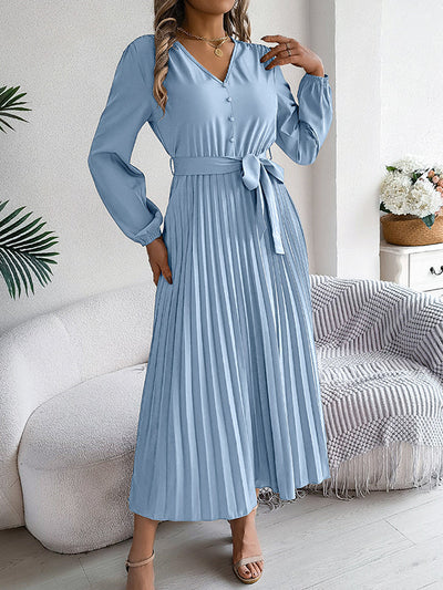 High Waisted Long Sleeves Belted Buttoned Pleated Solid Color V-Neck Maxi Dresses