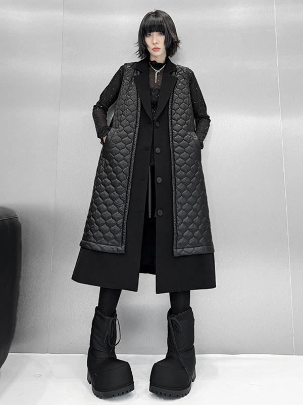 Loose Sleeveless Buttoned Plaid Pockets Solid Color Split-Joint Notched Collar Outerwear Padded Vest