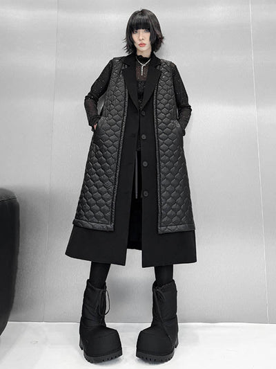 Loose Sleeveless Buttoned Plaid Pockets Solid Color Split-Joint Notched Collar Outerwear Padded Vest