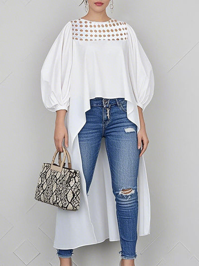 High-Low Long Sleeves Hollow Pleated Solid Color Round-Neck Blouses&Shirts Tops