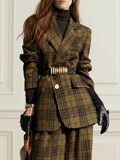 Plaid Split-Joint Lapel Jackets Woolen Coat