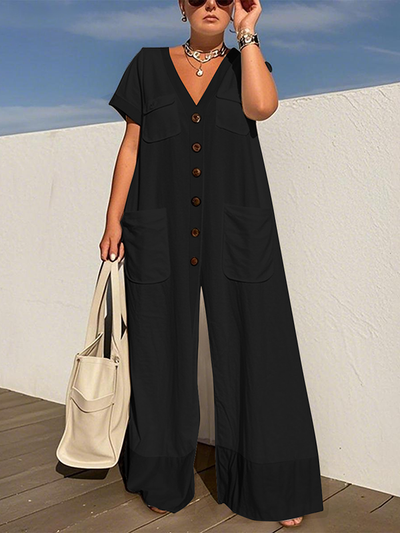 Loose Short Sleeves Buttoned Pockets Solid Color V-Neck Jumpsuits