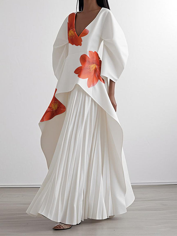 A-Line Loose Flower Print Pleated V-Neck Maxi Dresses