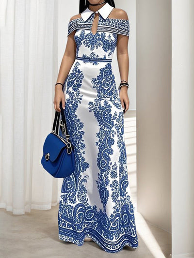 Bodycon High Waisted Flower Print Hollow Pockets Cold Shoulder Maxi Dresses