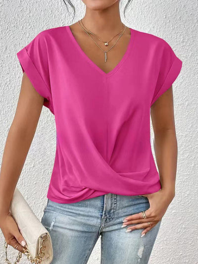 Loose Short Sleeves Pleated Solid Color V-Neck T-Shirts Tops