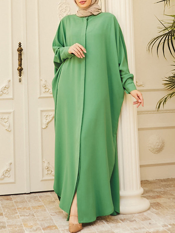 Batwing Sleeves Loose Buttoned Muslim Solid Color Split-Side Round-Neck Maxi Dresses