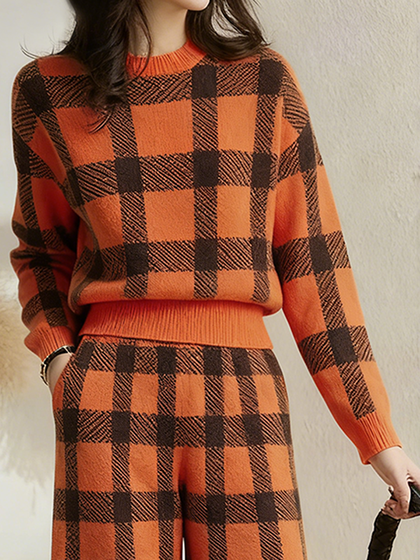 Long Sleeves Contrast Color Plaid Mock Neck Sweater Tops