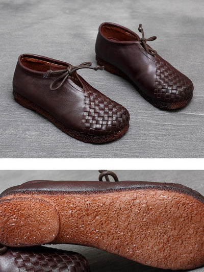 Women Summer Vintage Leather Weave Low Heel Shoes