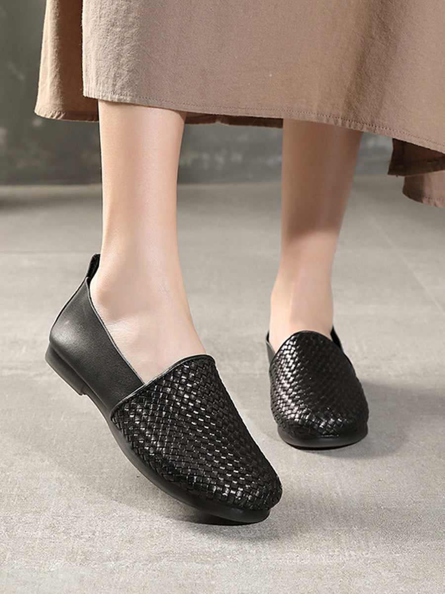 Women Summer Genuine Leather Weave Low Heel Shoes