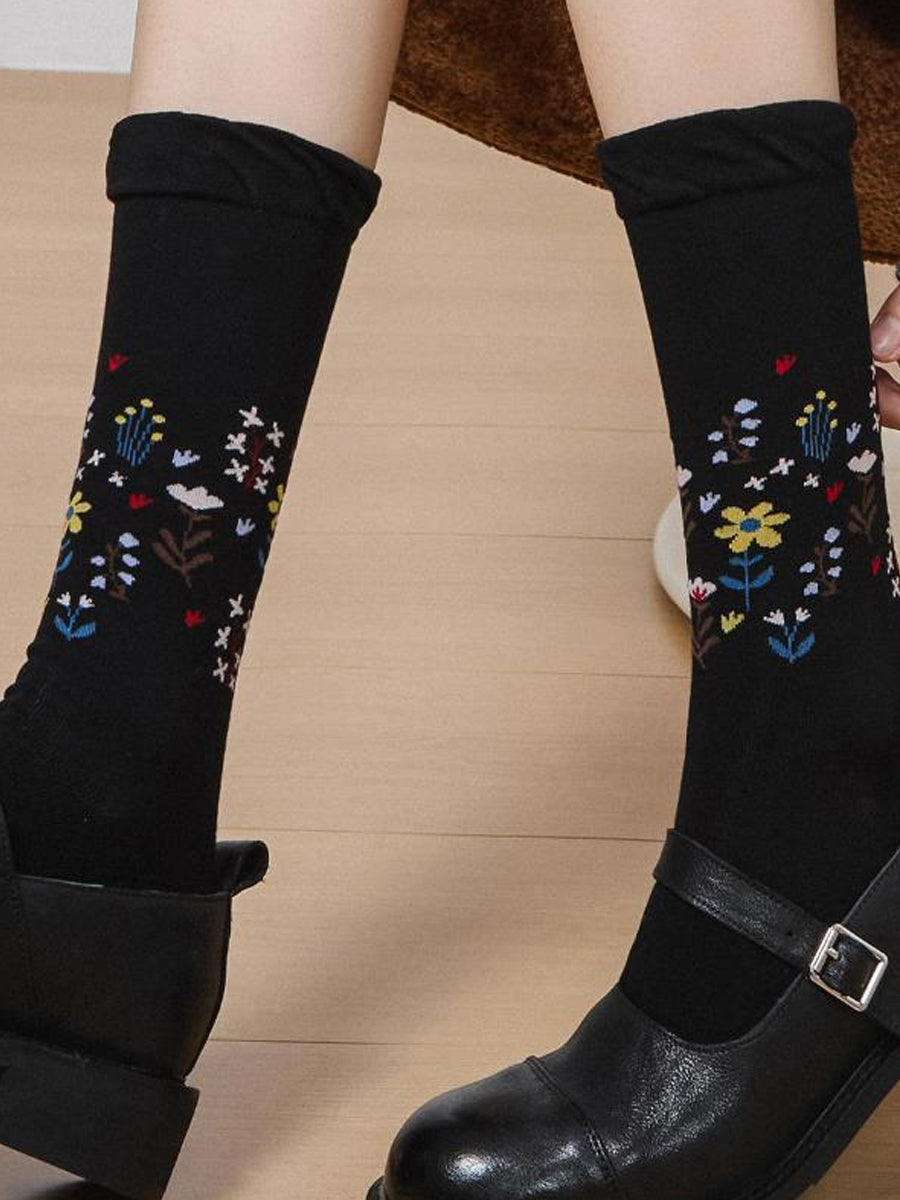Women Artsy Flower Mid-Heel Cotton Socks