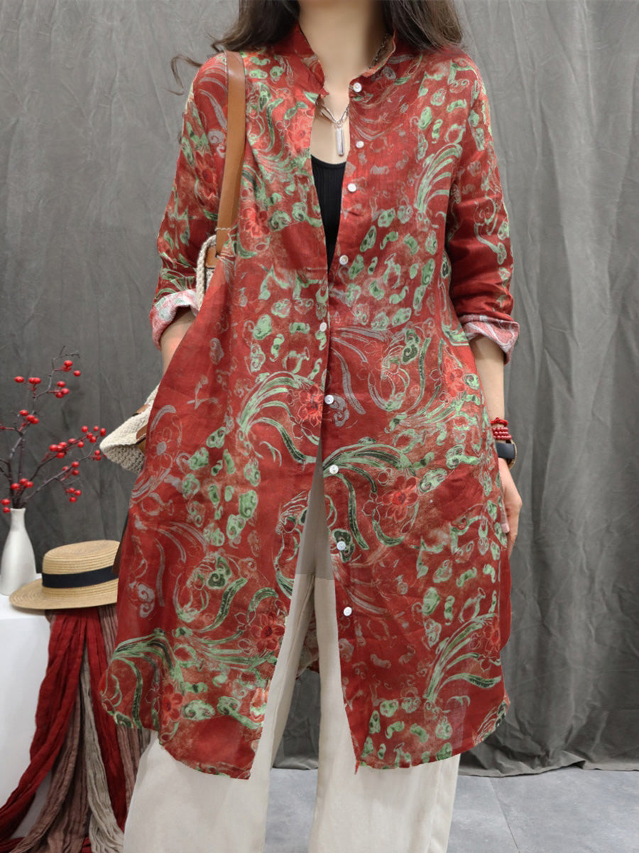 Plus Size Women Vintage Flower Stand Collar 100%Linen Long Shirt