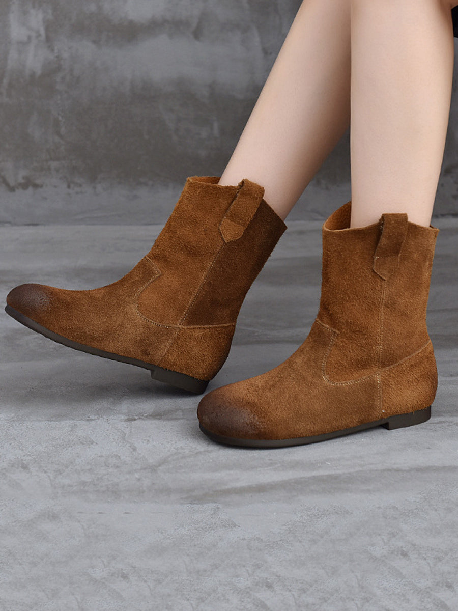 Women Vintage Genuine Leather Spliced Low Heel Boots