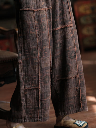 Women Summer Retro Print Spliced Cotton Wide-leg Pants