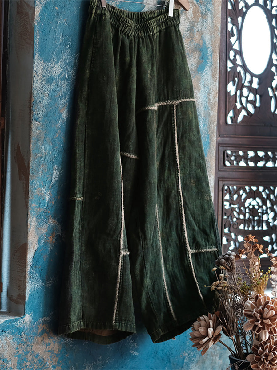 Plus Size Women Summer Retro Spliced Wide-leg Cotton Pants