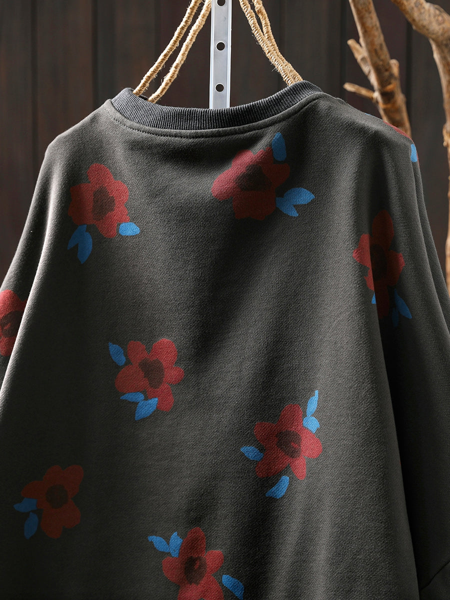 Women Autumn Artsy Flower O-Neck Cotton Blouse