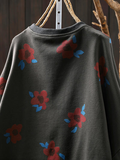 Women Autumn Artsy Flower O-Neck Cotton Blouse