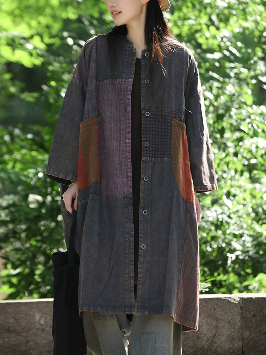 Women Retro Autumn Spliced Stand Collar Cotton Coat