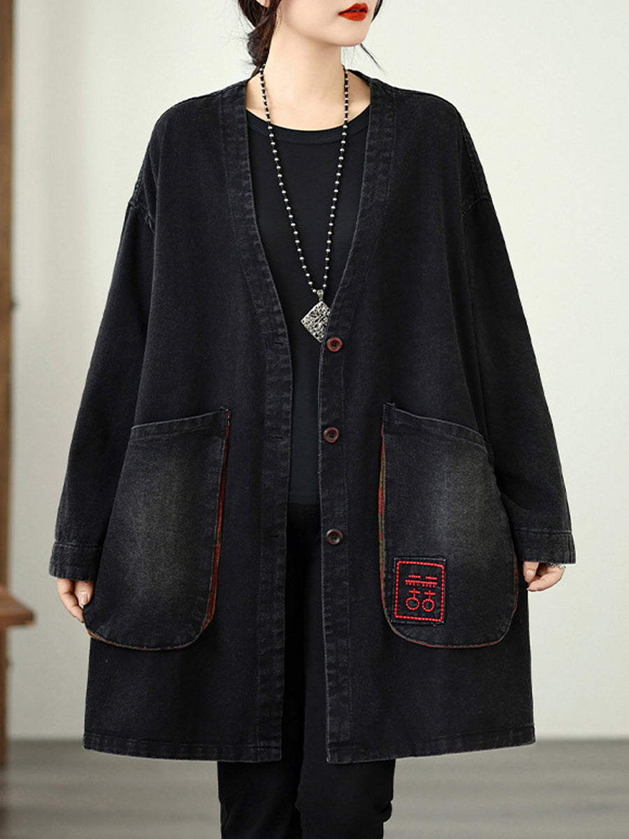 Women Vintage Autumn Denim Embroidery Loose V-Neck Coat