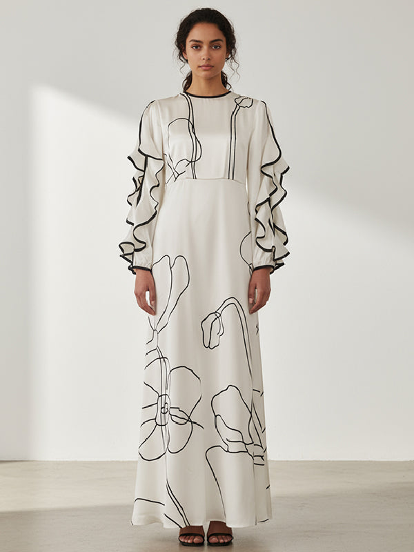 Loose Contrast Color Falbala Flower Print Hollow Zipper Maxi Dresses