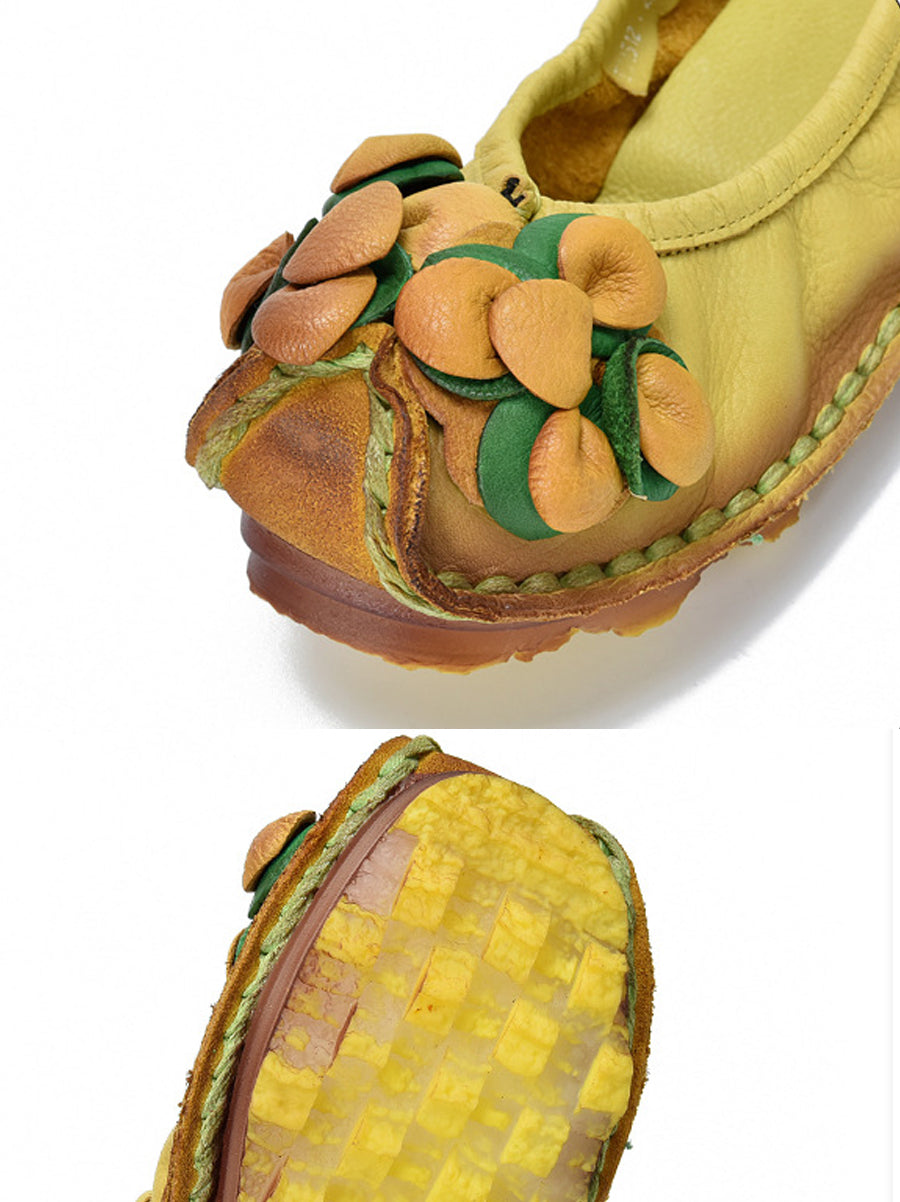 Women Vintage Flower Leather Spliced Flat Shoes