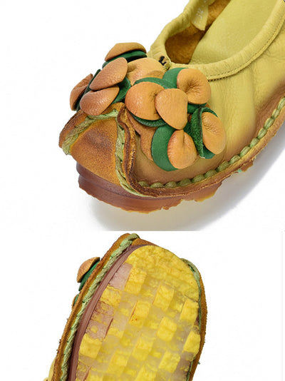 Women Vintage Flower Leather Spliced Flat Shoes
