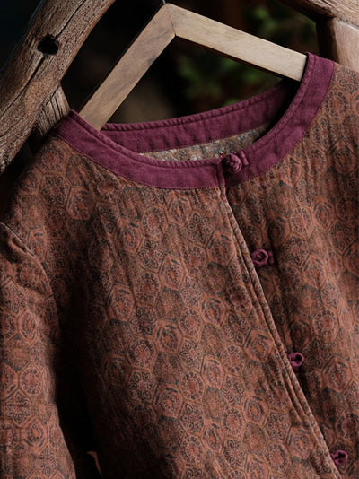 Women Autumn Ethnic Pure Color O-Neck Cotton Padded Coat