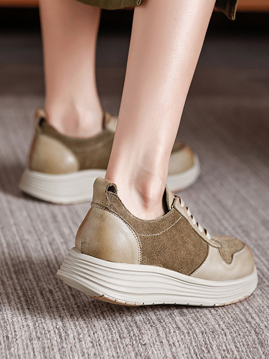 Women Autumn Colorblock Leather Flat Sport Shoes