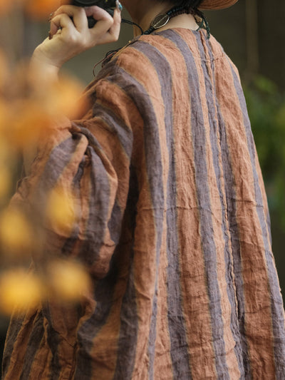 Women Summer Retro Stripe Patch O-Neck Linen Shirt