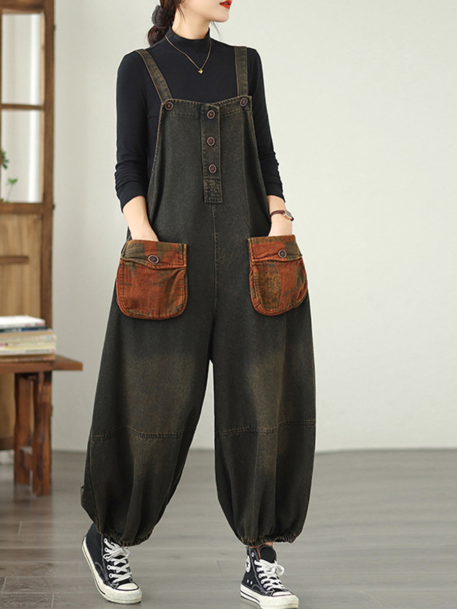 Women Autumn Retro Spliced Denim Jumpsuits